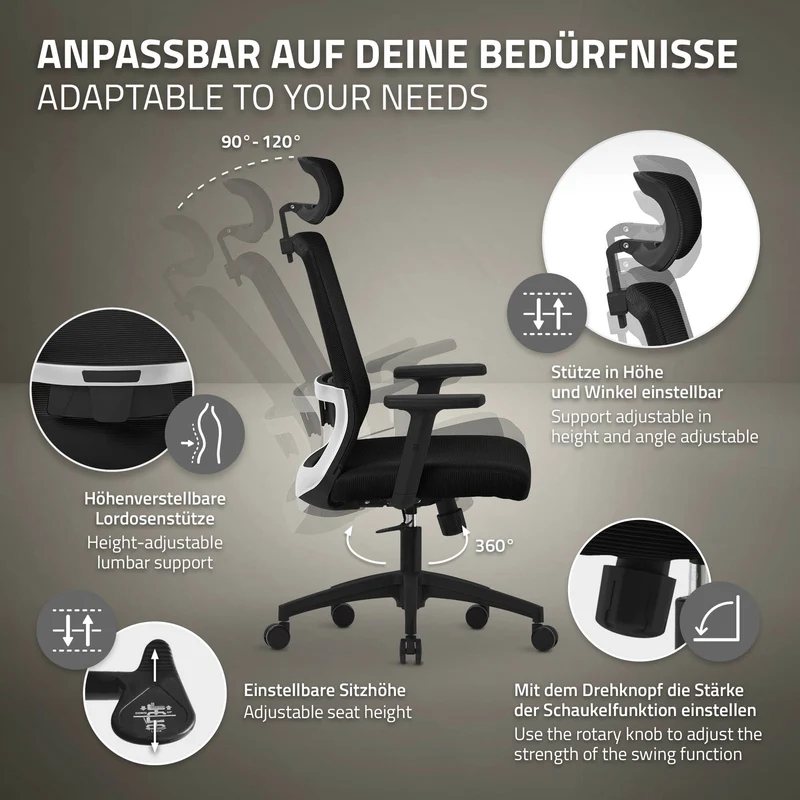 Ergonomischer Bürostuhl Schwarz Netzgewebe mit verstellbaren Armlehnen und Kopfstütze ML-Design