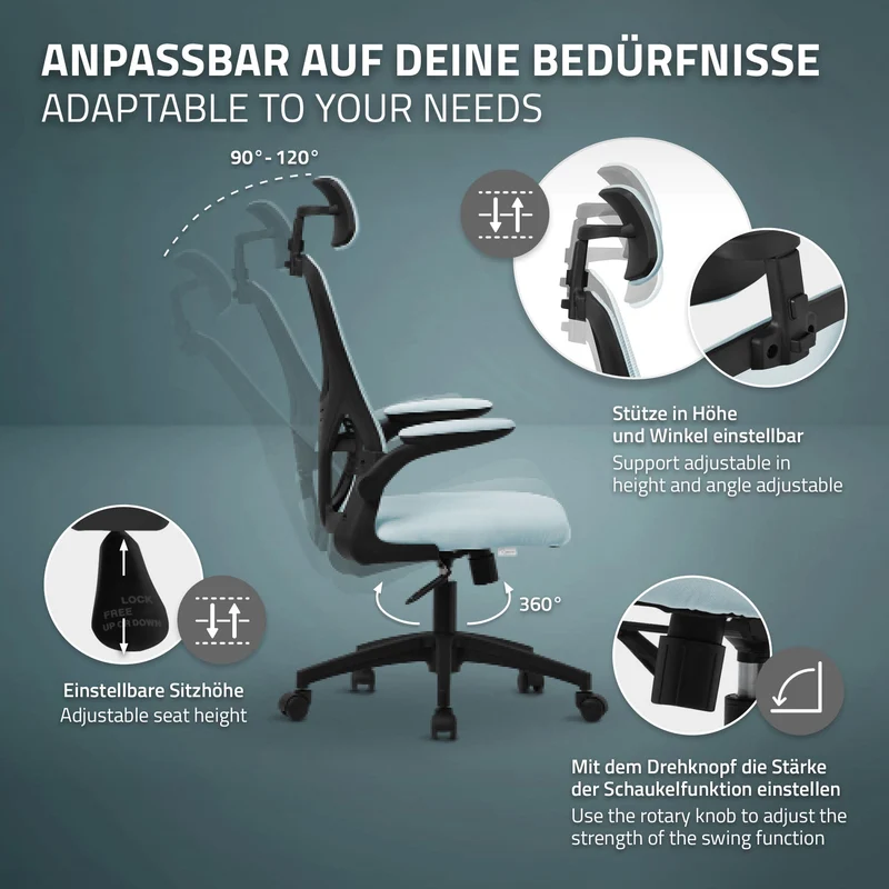 Ergonomischer Bürostuhl Blau Netzgewebe mit verstellbarer Kopfstütze und Rollen ML-Design