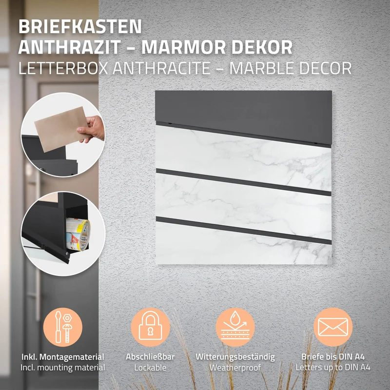 Standbriefkasten mit Zeitungsfach 37x37x11 cm Anthrazit/Weiß-Marmoroptik aus Stahl ML-Design, Modernes Diagonales Design, Standhöhe 120 cm Silber
