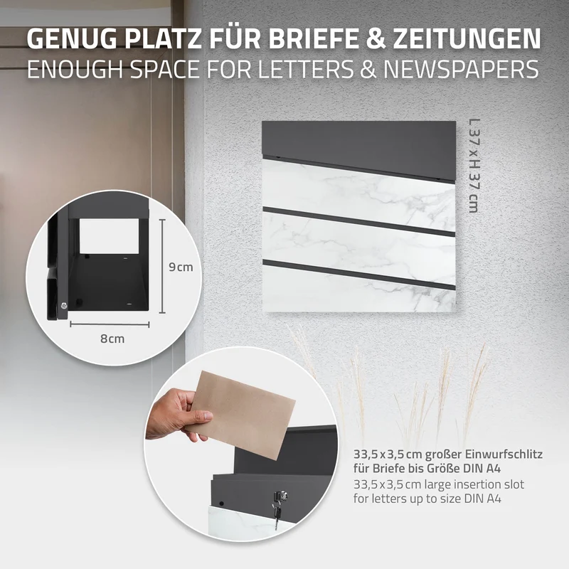 Standbriefkasten mit Zeitungsfach 37x37x11 cm Anthrazit/Weiß-Marmoroptik aus Stahl ML-Design, Modernes Diagonales Design, Standhöhe 120 cm Silber