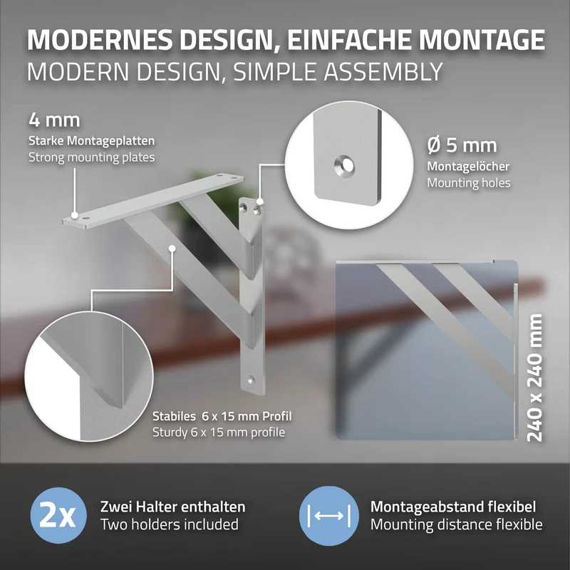 Wandkonsole Regalhalterung 2er Set 240 x 240 mm Silber aus Aluminium ML-Design
