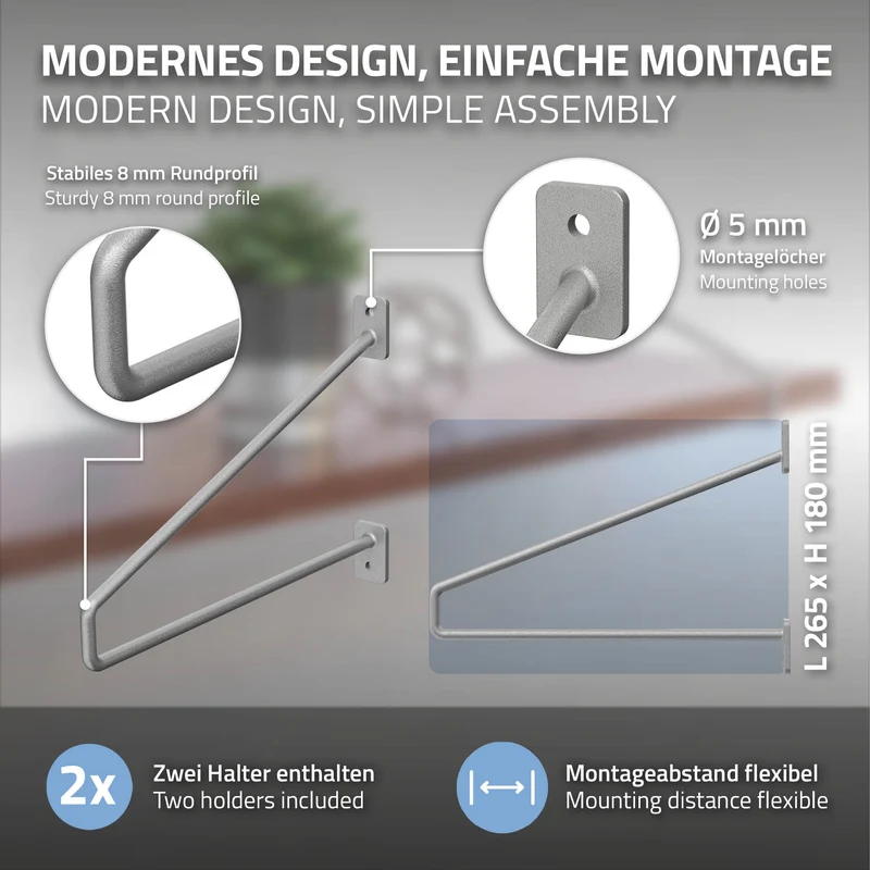 Wandkonsole Regalhalterung 2er Set 265 x 180 mm Grau aus Stahl ML-Design