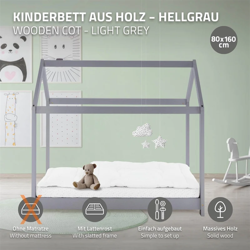 Kinderbett Hausbett 80x160 cm Hellgrau aus Kiefernholz Holzbett mit Dach und Lattenrost ML-Design