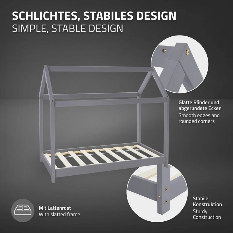 Kinderbett Hausbett 80x160 cm Hellgrau aus Kiefernholz Holzbett mit Dach und Lattenrost ML-Design