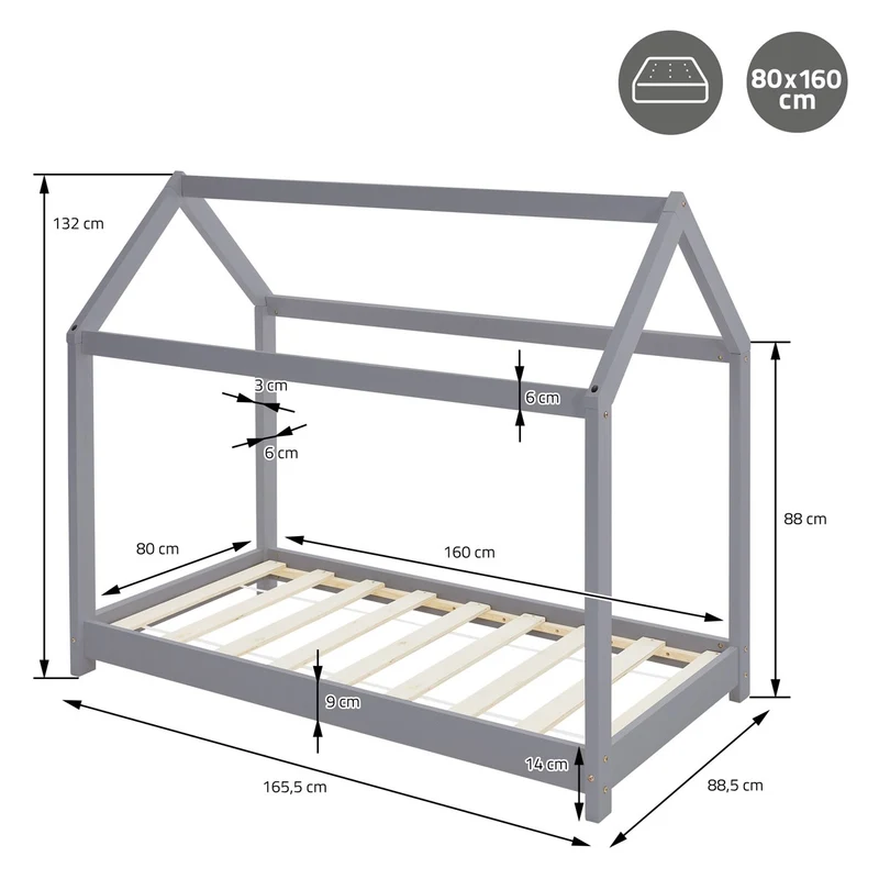 Kinderbett Hausbett 80x160 cm Hellgrau aus Kiefernholz Holzbett mit Dach und Lattenrost ML-Design
