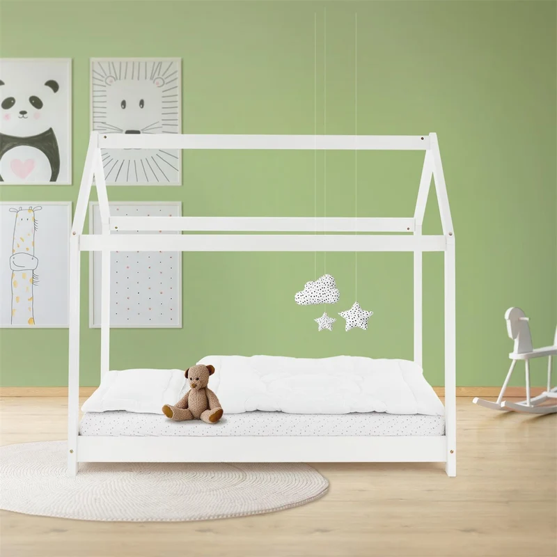 Kinderbett Hausbett 80x160 cm Weiß aus Kiefernholz Holzbett mit Dach und Lattenrost ML-Design