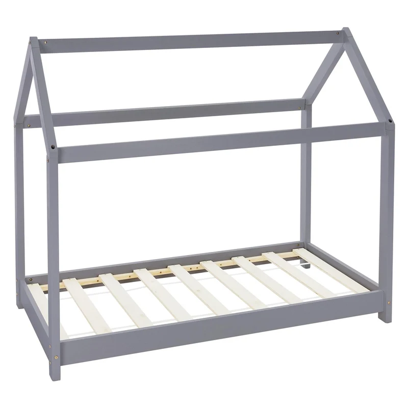 Kinderbett Hausbett 70x140 cm Hellgrau aus Kiefernholz Holzbett mit Dach und Lattenrost ML-Design