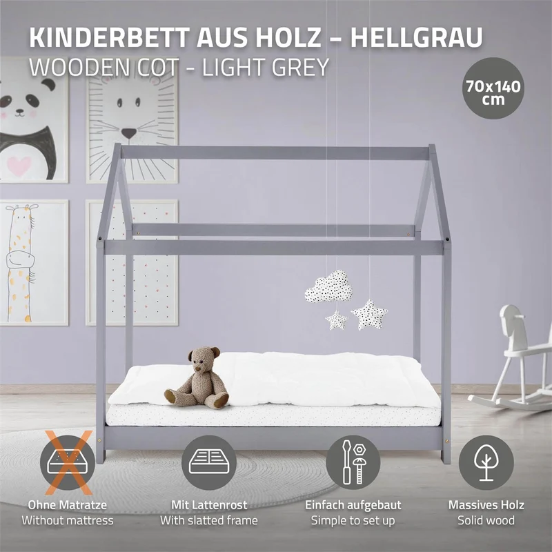 Kinderbett Hausbett 70x140 cm Hellgrau aus Kiefernholz Holzbett mit Dach und Lattenrost ML-Design