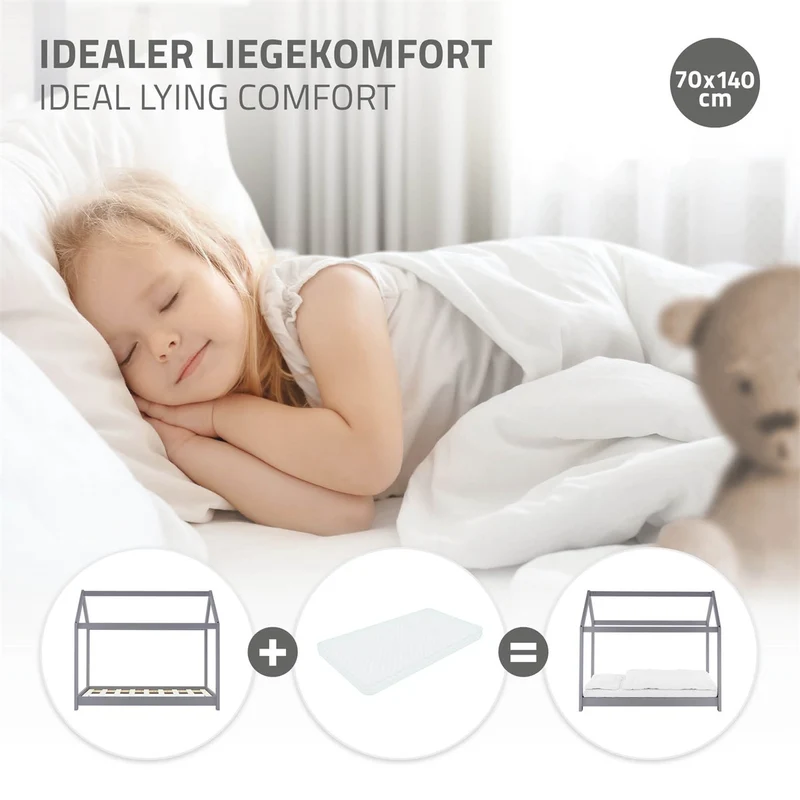 Kinderbett Hausbett 70x140 cm Hellgrau aus Kiefernholz Holzbett mit Dach und Lattenrost ML-Design