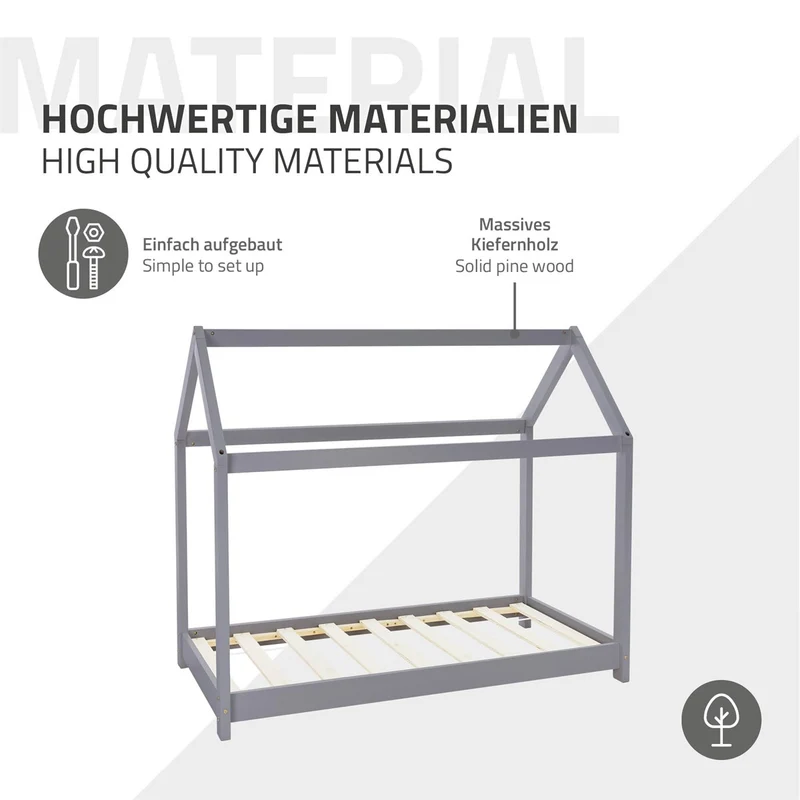 Kinderbett Hausbett 70x140 cm Hellgrau aus Kiefernholz Holzbett mit Dach und Lattenrost ML-Design
