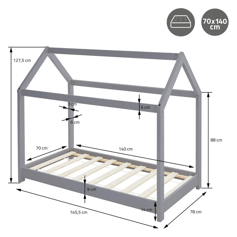 Kinderbett Hausbett 70x140 cm Hellgrau aus Kiefernholz Holzbett mit Dach und Lattenrost ML-Design