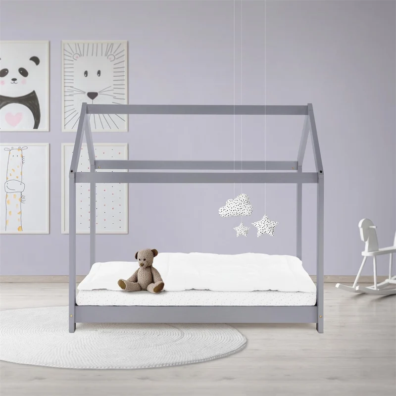 Kinderbett Hausbett 70x140 cm Hellgrau aus Kiefernholz Holzbett mit Dach und Lattenrost ML-Design