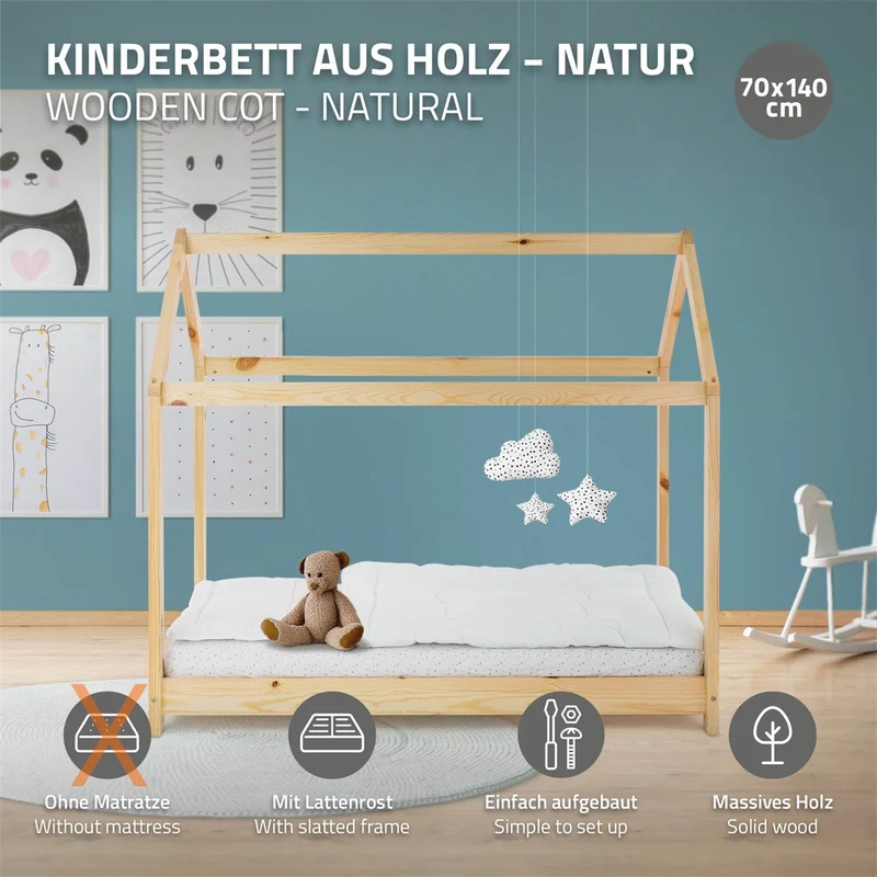 Kinderbett Hausbett 70x140 cm aus Kiefernholz Holzbett mit Dach und Lattenrost ML-Design