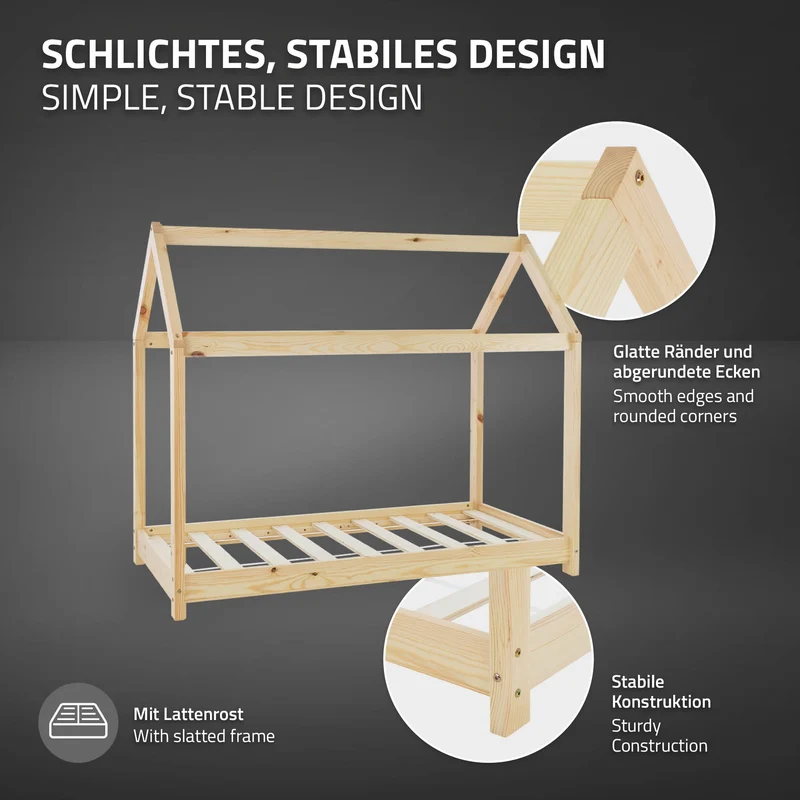 Kinderbett Hausbett 70x140 cm aus Kiefernholz Holzbett mit Dach und Lattenrost ML-Design