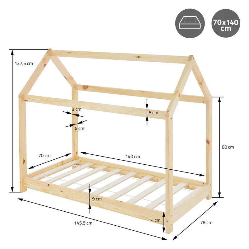 Kinderbett Hausbett 70x140 cm aus Kiefernholz Holzbett mit Dach und Lattenrost ML-Design