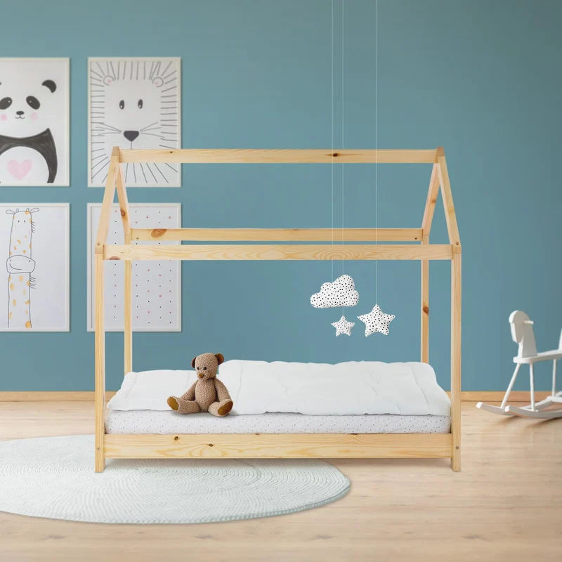 Kinderbett Hausbett 70x140 cm aus Kiefernholz Holzbett mit Dach und Lattenrost ML-Design