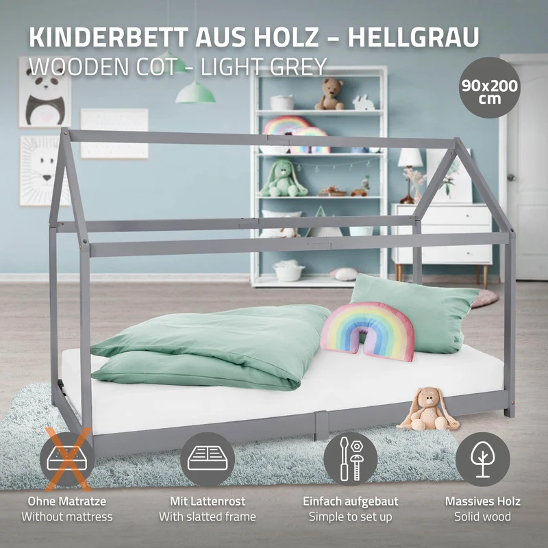 Kinderbett Hausbett 90x200 cm Hellgrau aus Kiefernholz Holzbett mit Dach und Lattenrost ML-Design