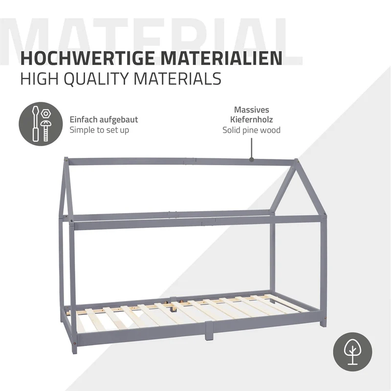 Kinderbett Hausbett 90x200 cm Hellgrau aus Kiefernholz Holzbett mit Dach und Lattenrost ML-Design