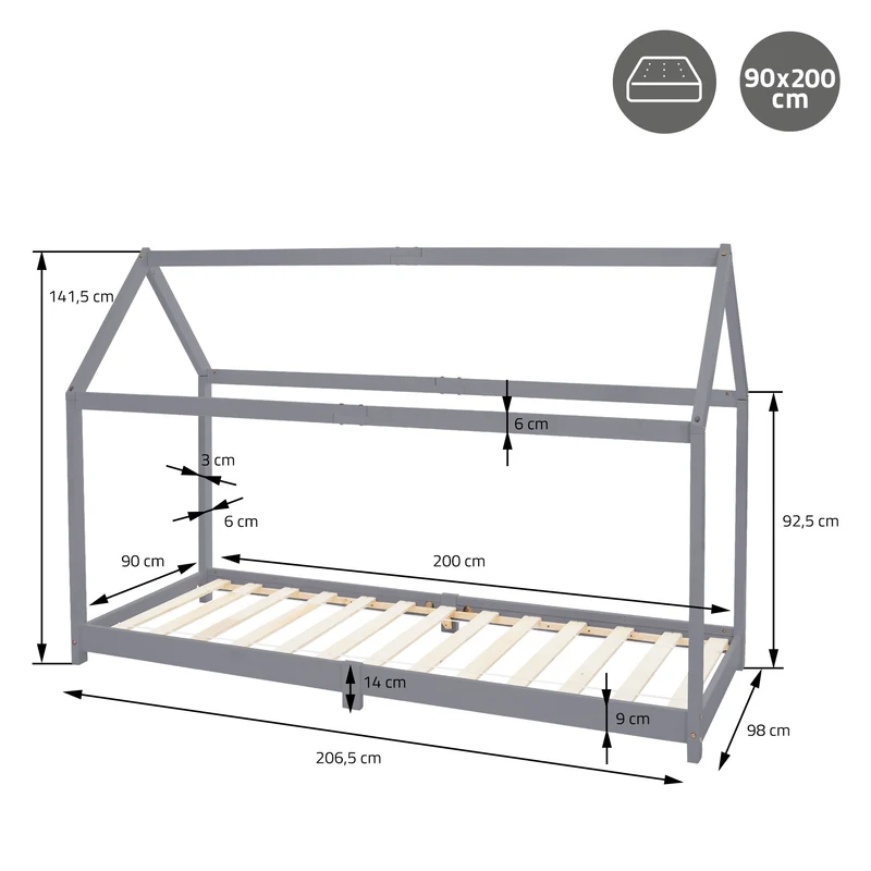 Kinderbett Hausbett 90x200 cm Hellgrau aus Kiefernholz Holzbett mit Dach und Lattenrost ML-Design