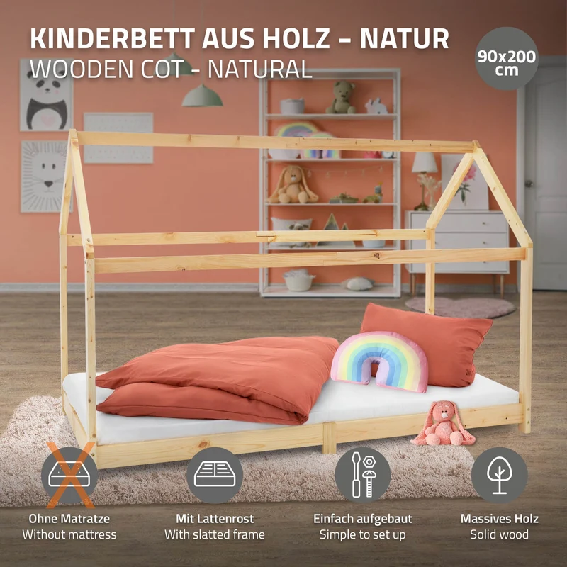 Kinderbett Hausbett 90x200 cm aus Kiefernholz Holzbett mit Dach und Lattenrost ML-Design