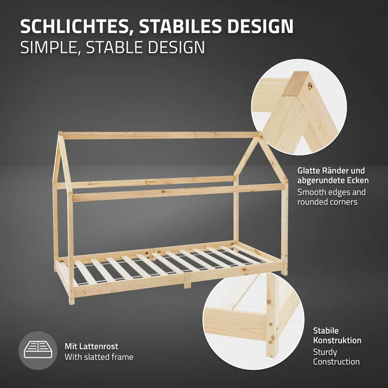 Kinderbett Hausbett 90x200 cm aus Kiefernholz Holzbett mit Dach und Lattenrost ML-Design