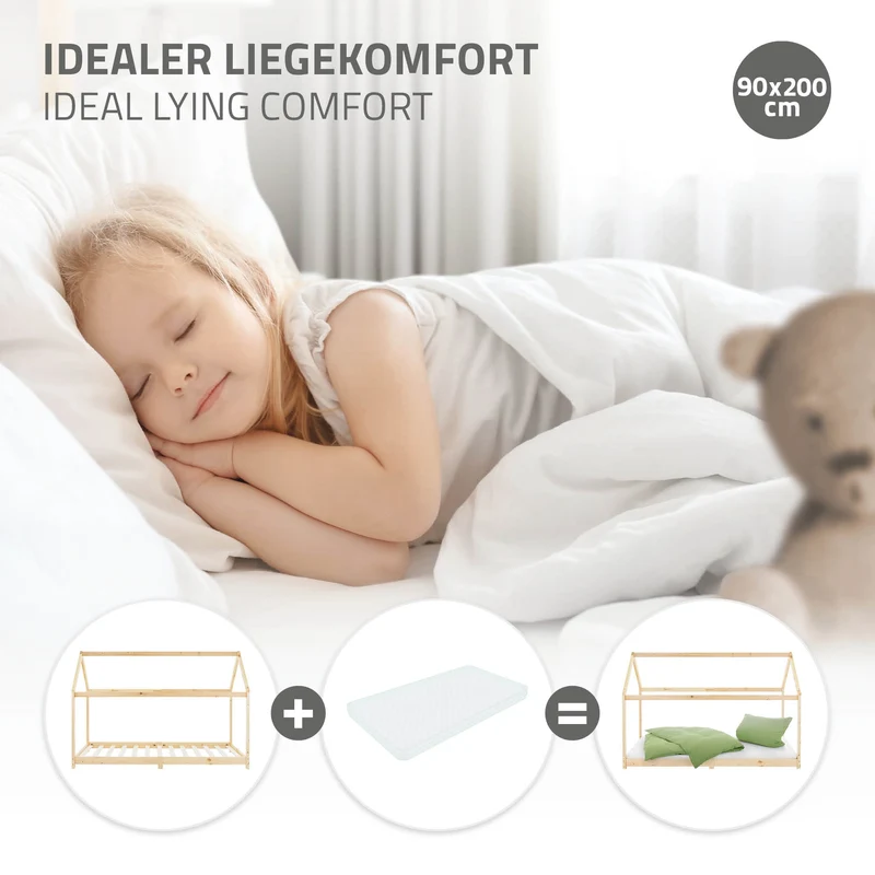 Kinderbett Hausbett 90x200 cm aus Kiefernholz Holzbett mit Dach und Lattenrost ML-Design