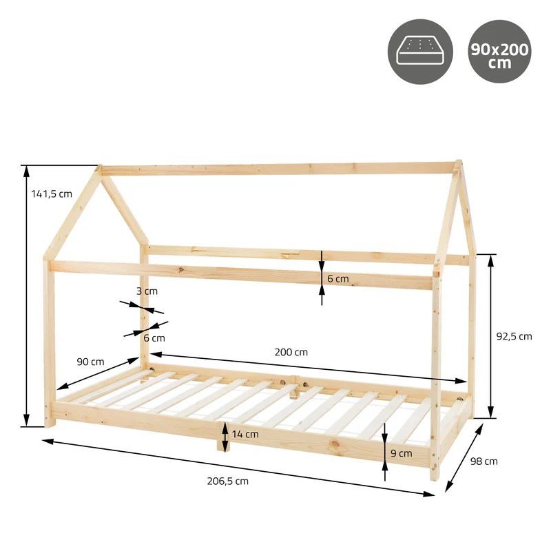 Kinderbett Hausbett 90x200 cm aus Kiefernholz Holzbett mit Dach und Lattenrost ML-Design