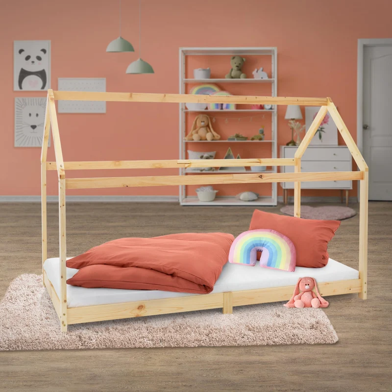 Kinderbett Hausbett 90x200 cm aus Kiefernholz Holzbett mit Dach und Lattenrost ML-Design
