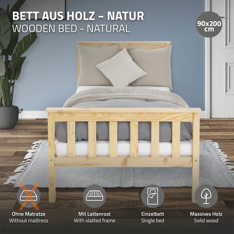 Bettgestell Einzelbett 90x200cm aus Kiefernholz in Natur mit Lattenrost ML-Design