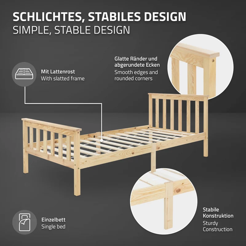Bettgestell Einzelbett 90x200cm aus Kiefernholz in Natur mit Lattenrost ML-Design