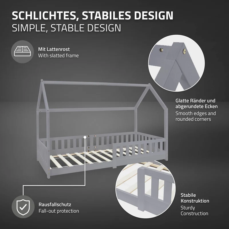 Kinderbett Hausbett 90x200 cm Hellgrau aus Kiefernholz mit Rausfallschutz Dach und Lattenrost Holzbett ML-Design