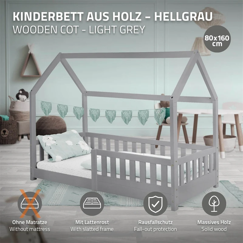 Kinderbett Hausbett 80x160 cm Hellgrau aus Kiefernholz mit Rausfallschutz Dach und Lattenrost Holzbett ML-Design