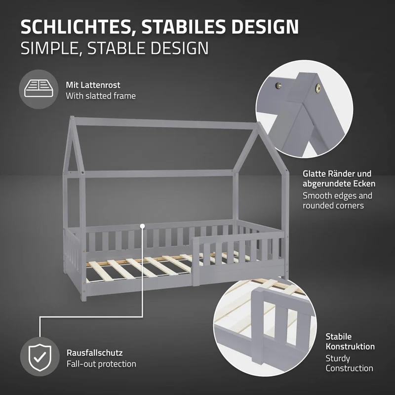 Kinderbett Hausbett 80x160 cm Hellgrau aus Kiefernholz mit Rausfallschutz Dach und Lattenrost Holzbett ML-Design