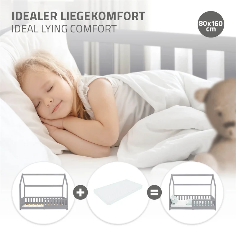 Kinderbett Hausbett 80x160 cm Hellgrau aus Kiefernholz mit Rausfallschutz Dach und Lattenrost Holzbett ML-Design