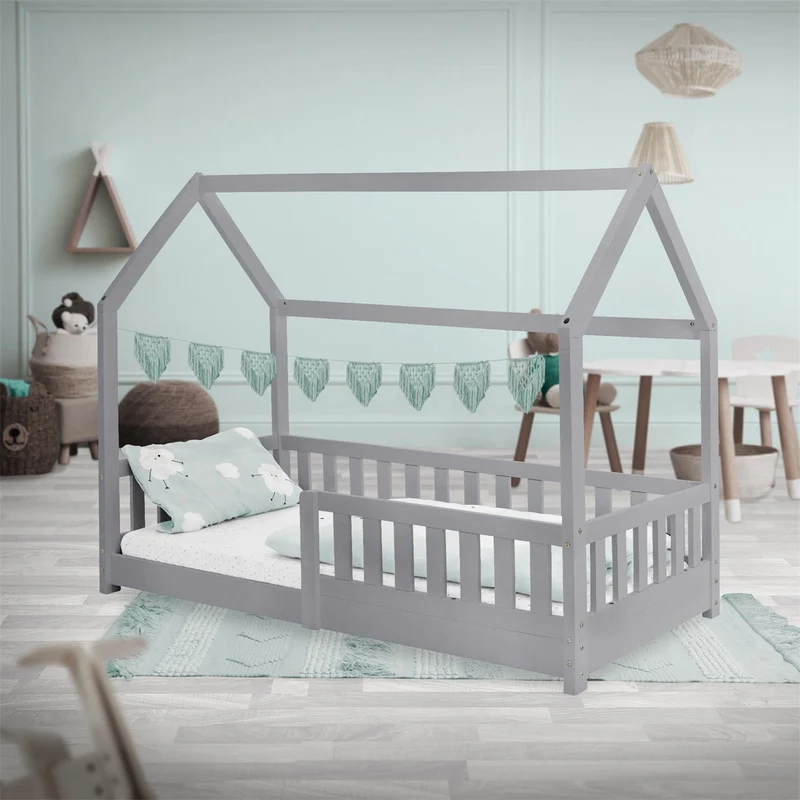 Kinderbett Hausbett 80x160 cm Hellgrau aus Kiefernholz mit Rausfallschutz Dach und Lattenrost Holzbett ML-Design