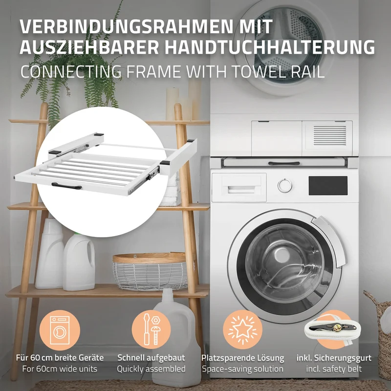 Zwischenbaurahmen für Waschmaschine Verbindungsrahmen mit ausziehbarer Wäscheleine 60,5x54,5 cm in Weiß ML-Design