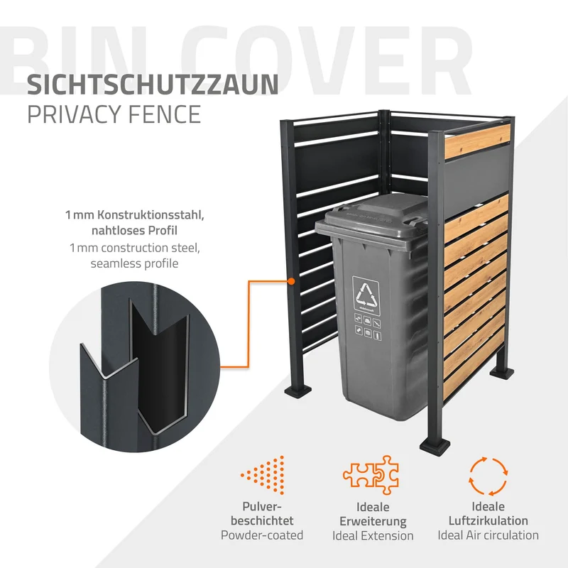 Mülltonnenzaun 91x91x150 cm Anthrazit/Holzoptik aus Stahl ML-Design