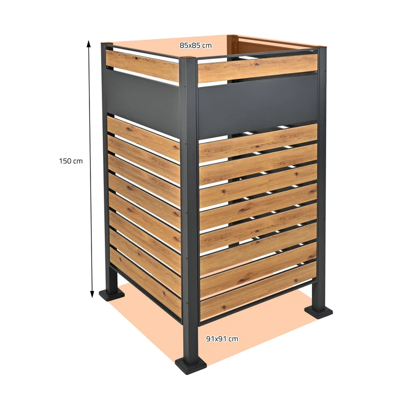 Mülltonnenzaun 91x91x150 cm Anthrazit/Holzoptik aus Stahl ML-Design