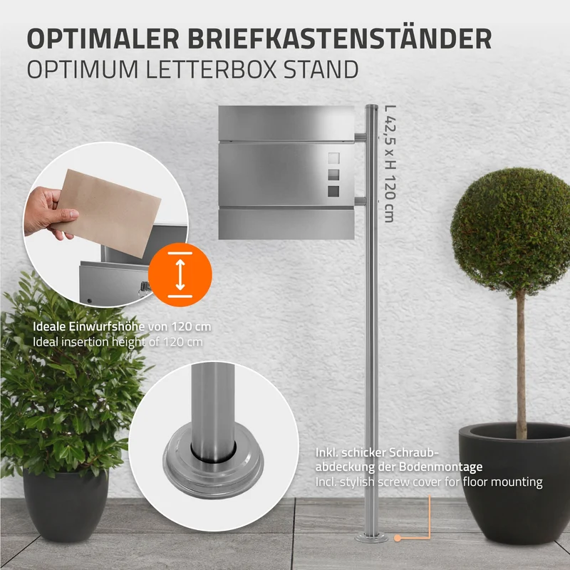 Briefkastenständer 120x40 cm Silber aus Edelstahl ML-Design