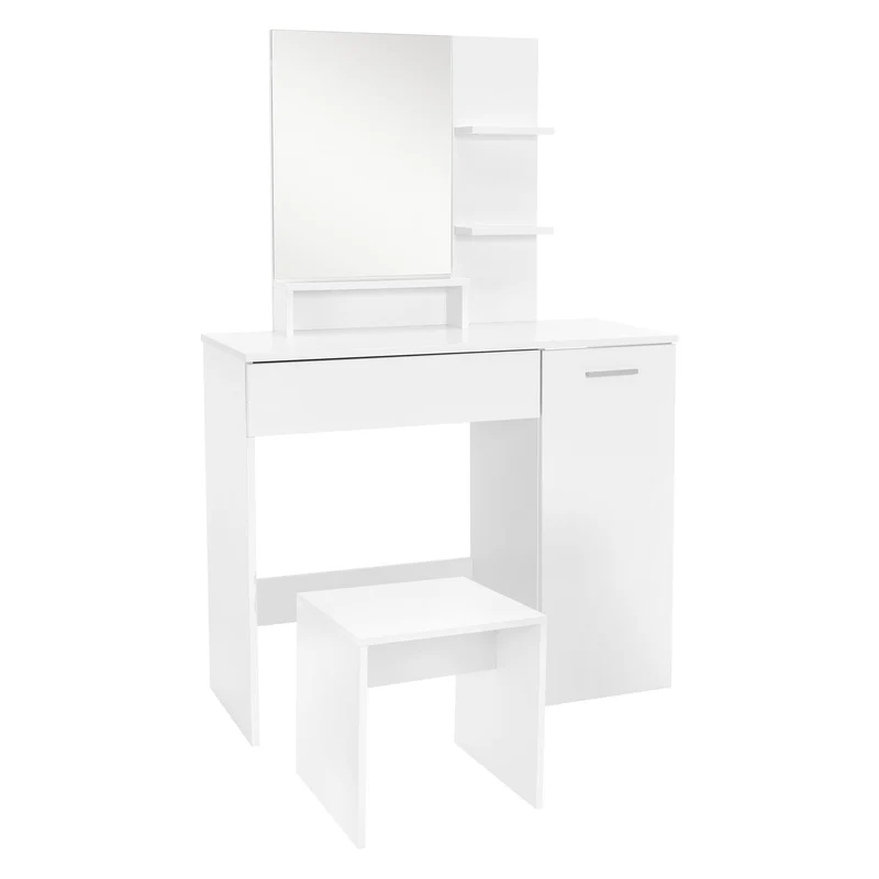 Schminktisch Frisiertisch 90x38x138 cm in Weiß mit Spiegel, Schublade, 3 Ablagen, Schrank & Hocker ML-Design