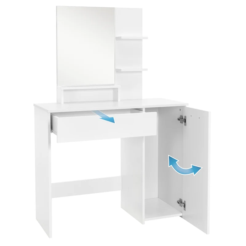 Schminktisch Frisiertisch 90x38x138 cm in Weiß mit Spiegel, Schublade, 3 Ablagen, Schrank & Hocker ML-Design