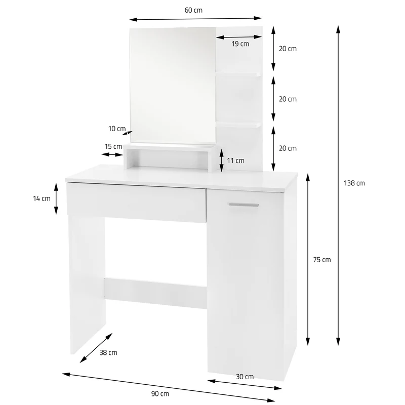 Schminktisch Frisiertisch 90x38x138 cm in Weiß mit Spiegel, Schublade, 3 Ablagen, Schrank & Hocker ML-Design
