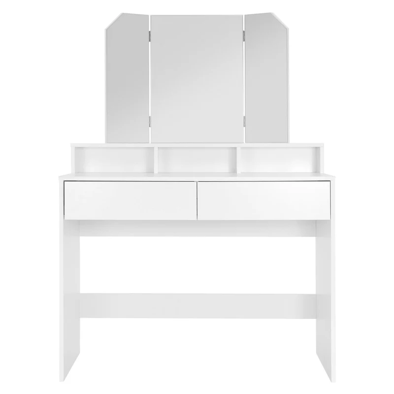 Schminktisch Frisiertisch 100x40x140 cm in Weiß mit Spiegel 3-tlg, 2 Schubladen & Hocker ML-Design