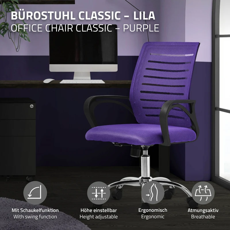 Ergonomischer Bürostuhl mit Armlehnen Netzgewebe Lila mit Rollen ML-Design