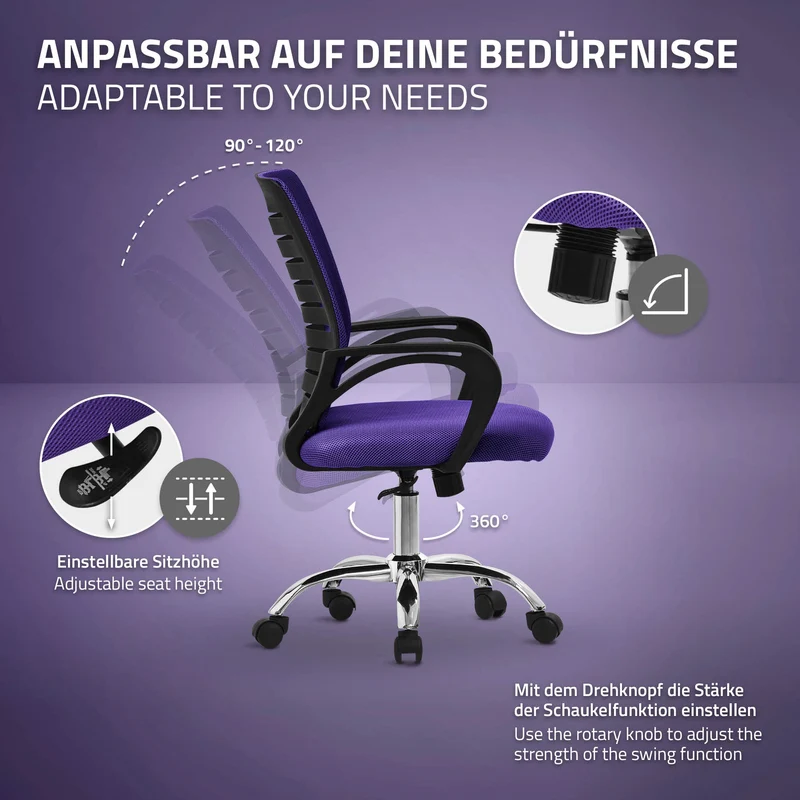 Ergonomischer Bürostuhl mit Armlehnen Netzgewebe Lila mit Rollen ML-Design
