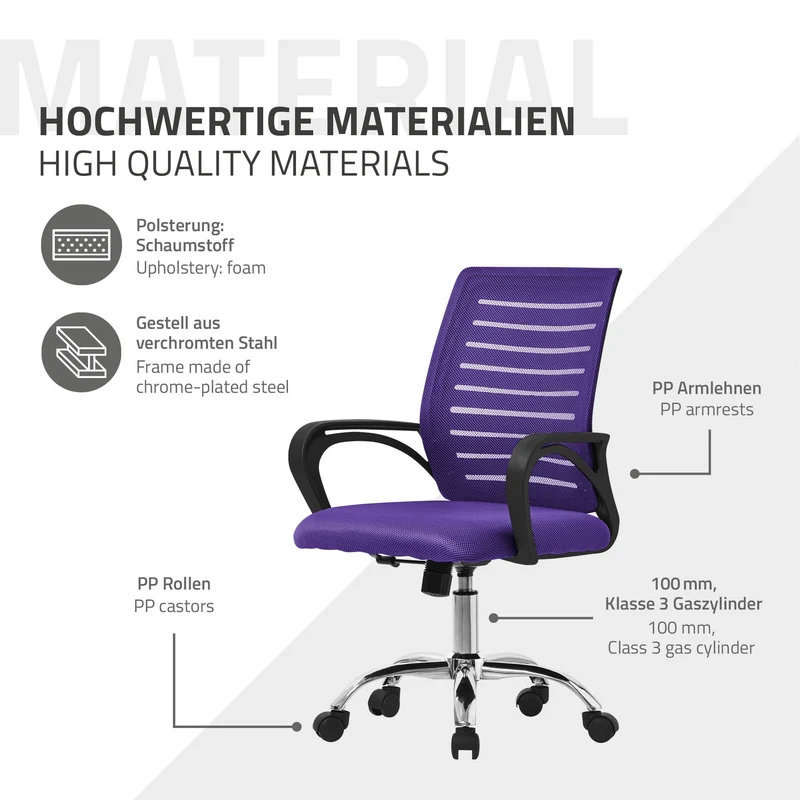 Ergonomischer Bürostuhl mit Armlehnen Netzgewebe Lila mit Rollen ML-Design