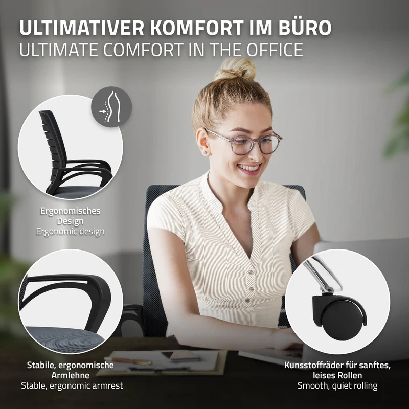 Ergonomischer Bürostuhl mit Armlehnen Netzgewebe Grau mit Rollen ML-Design