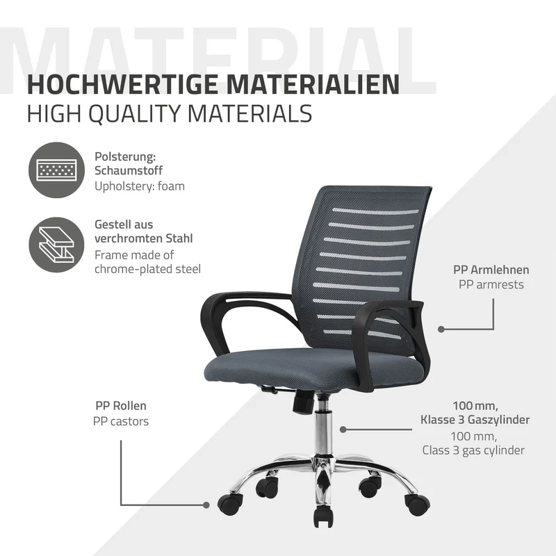 Ergonomischer Bürostuhl mit Armlehnen Netzgewebe Grau mit Rollen ML-Design