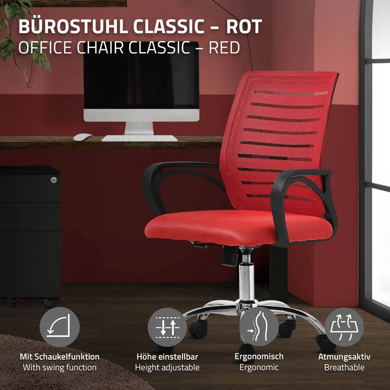 Ergonomischer Bürostuhl mit Armlehnen Netzgewebe Rot mit Rollen ML-Design