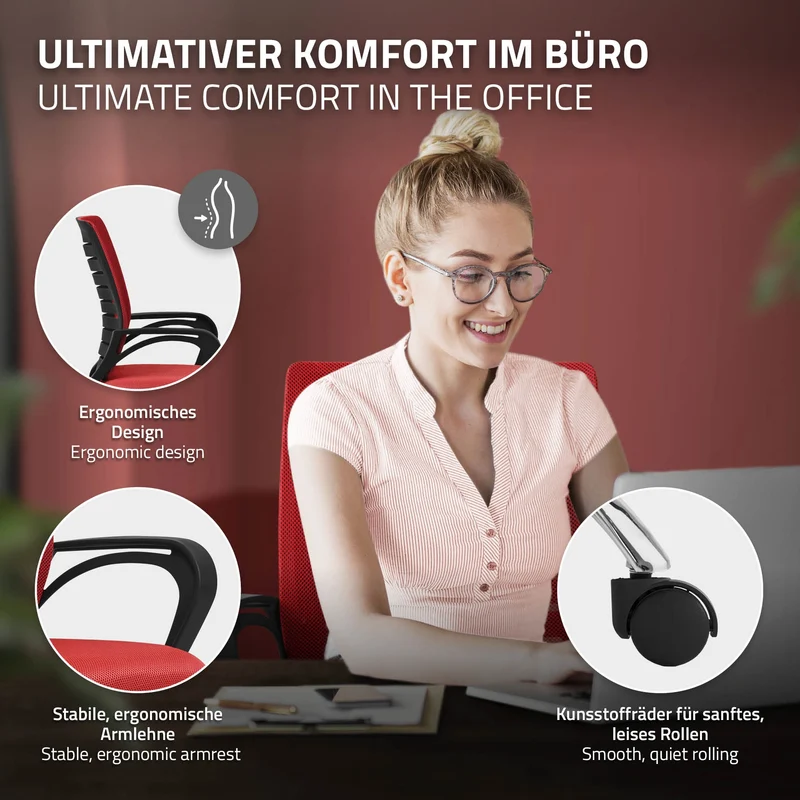 Ergonomischer Bürostuhl mit Armlehnen Netzgewebe Rot mit Rollen ML-Design